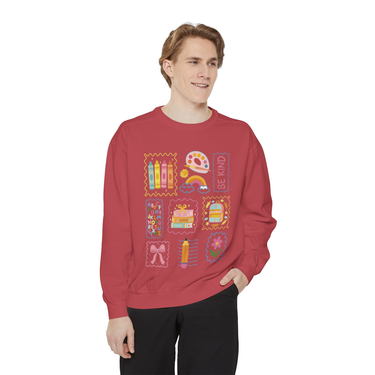 Be Kind Teacher Sweatshirt with Colorful Crayons & School Supplies