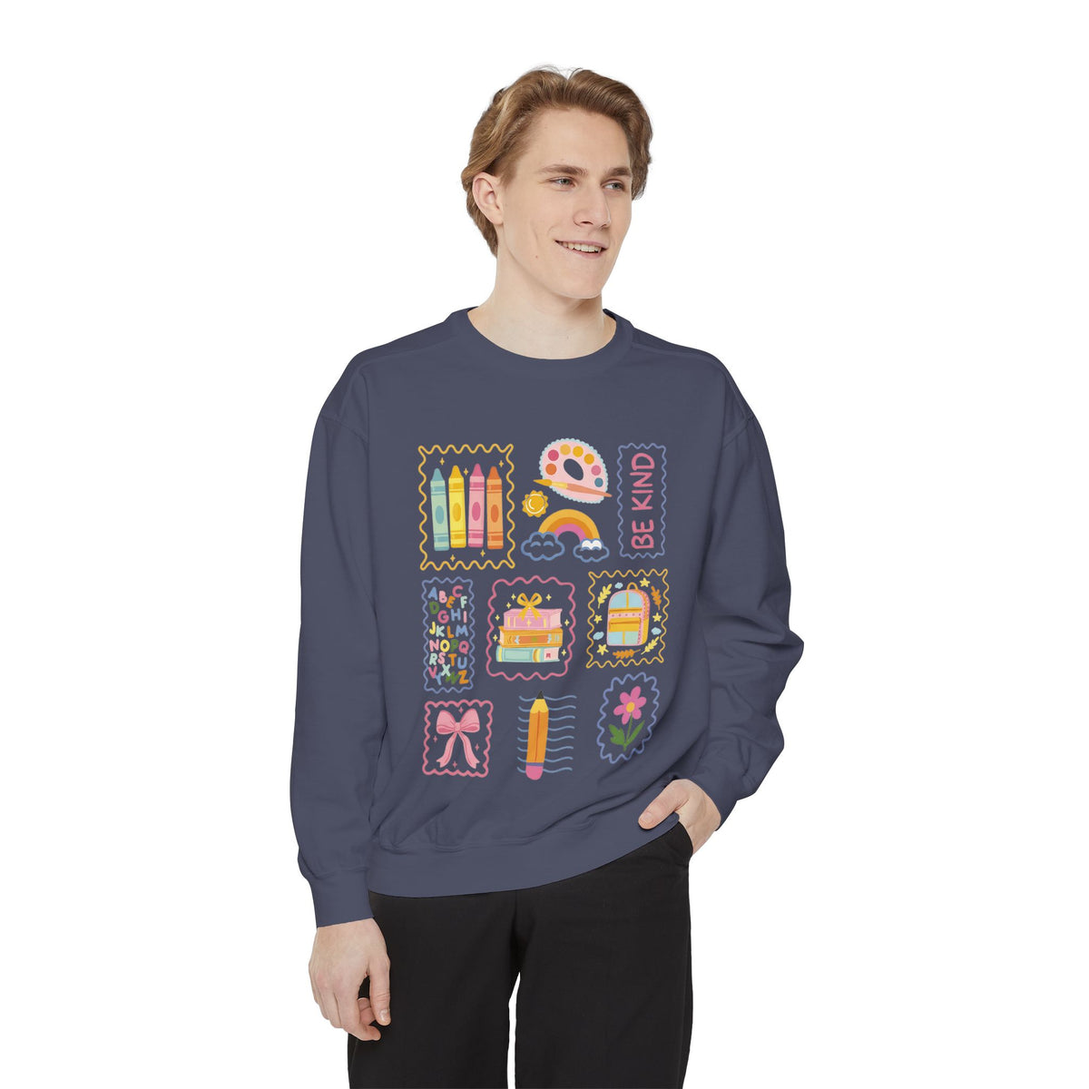 Be Kind Teacher Sweatshirt with Colorful Crayons & School Supplies