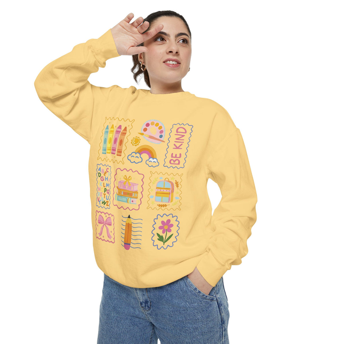 Be Kind Teacher Sweatshirt with Colorful Crayons & School Supplies
