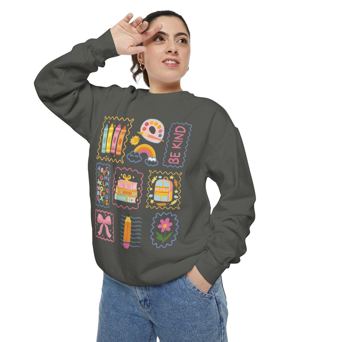 Be Kind Teacher Sweatshirt with Colorful Crayons & School Supplies