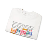 White t-shirt with colorful text and graphics on a white background