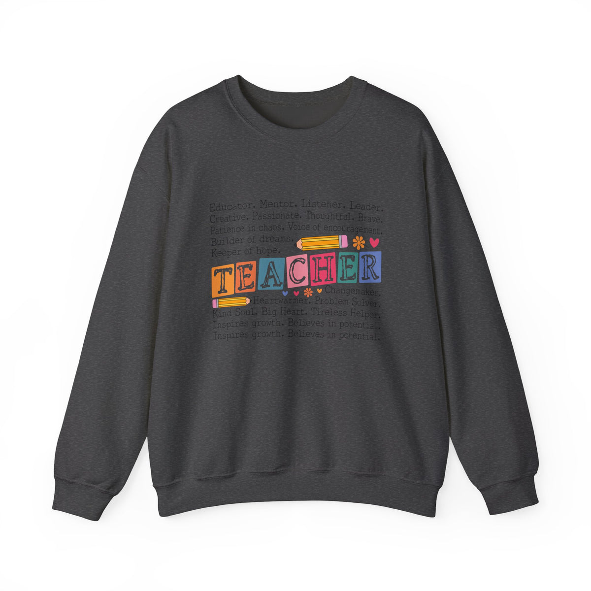 Dark gray sweatshirt with colorful 'TEACHER' text on a white background