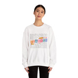 Person wearing a white sweatshirt with colorful text design on a white background