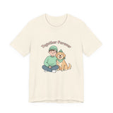 Beige t-shirt with a graphic of a person and a dog wearing hats, with 'Together Forever' text.