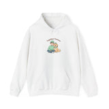 White hoodie with a graphic of a person and a dog on a white background