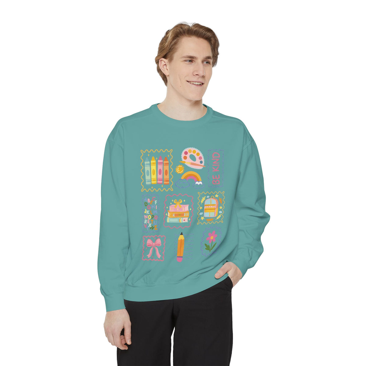 Be Kind Teacher Sweatshirt with Colorful Crayons & School Supplies