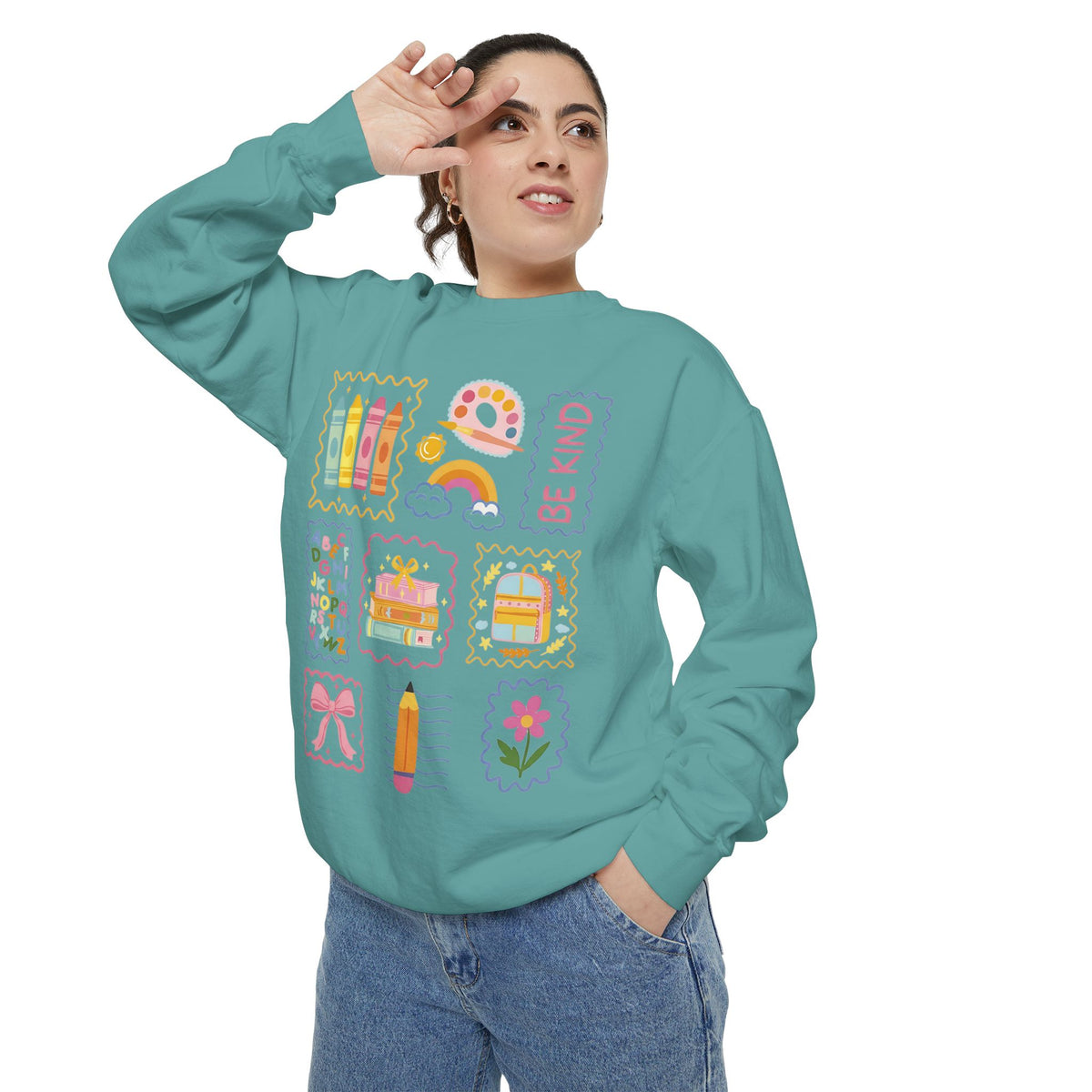 Be Kind Teacher Sweatshirt with Colorful Crayons & School Supplies