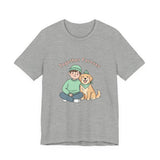 Gray t-shirt with a graphic of a person and dog sitting together with 'Together Forever' text on a white background.