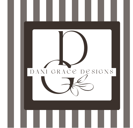Logo of Dani Grace Designs with a decorative 'DG' on a striped background