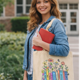 Woman holding a red book and a tote bag with floral design outdoors