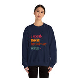 Person wearing a navy blue sweatshirt with colorful text on a white background