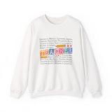 White sweatshirt with colorful text on a white background