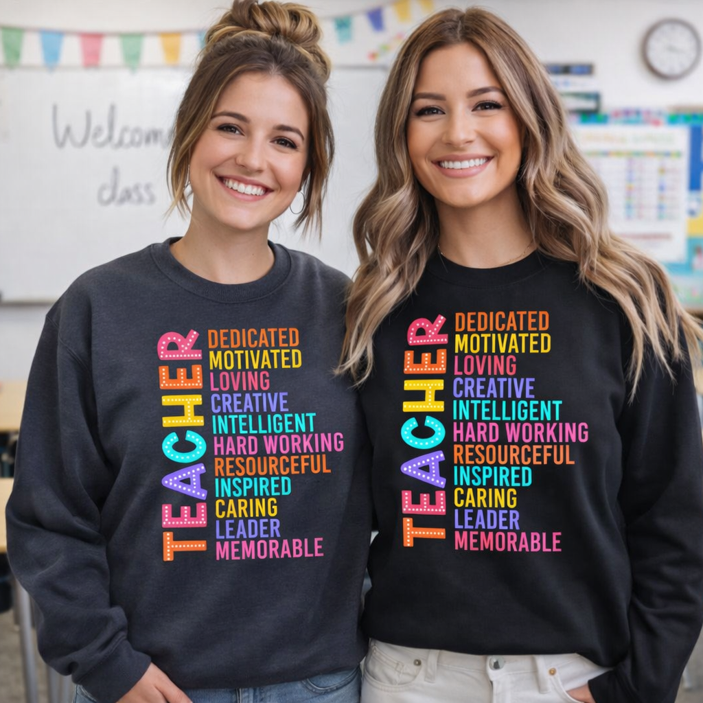 Two women wearing sweatshirts with colorful text in a classroom setting