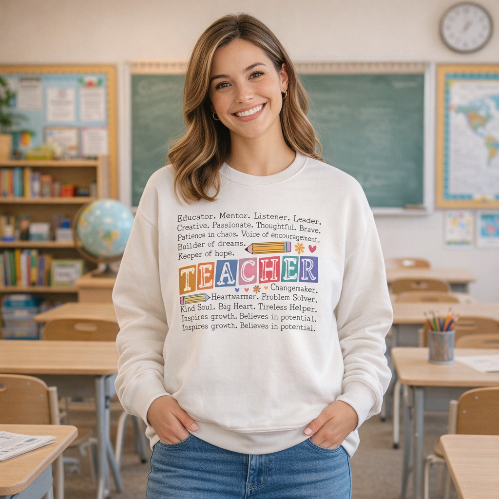 Woman wearing a 'Teacher' sweatshirt in a classroom setting