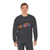 Man wearing a dark gray sweatshirt with colorful text design on a white background
