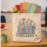 Personalized Teacher Book Stack Tote Floral Bookshelf Pencil Teacher Tote Bag Personalized Eco Tote