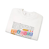 White sweatshirt with colorful text and graphics on a white background